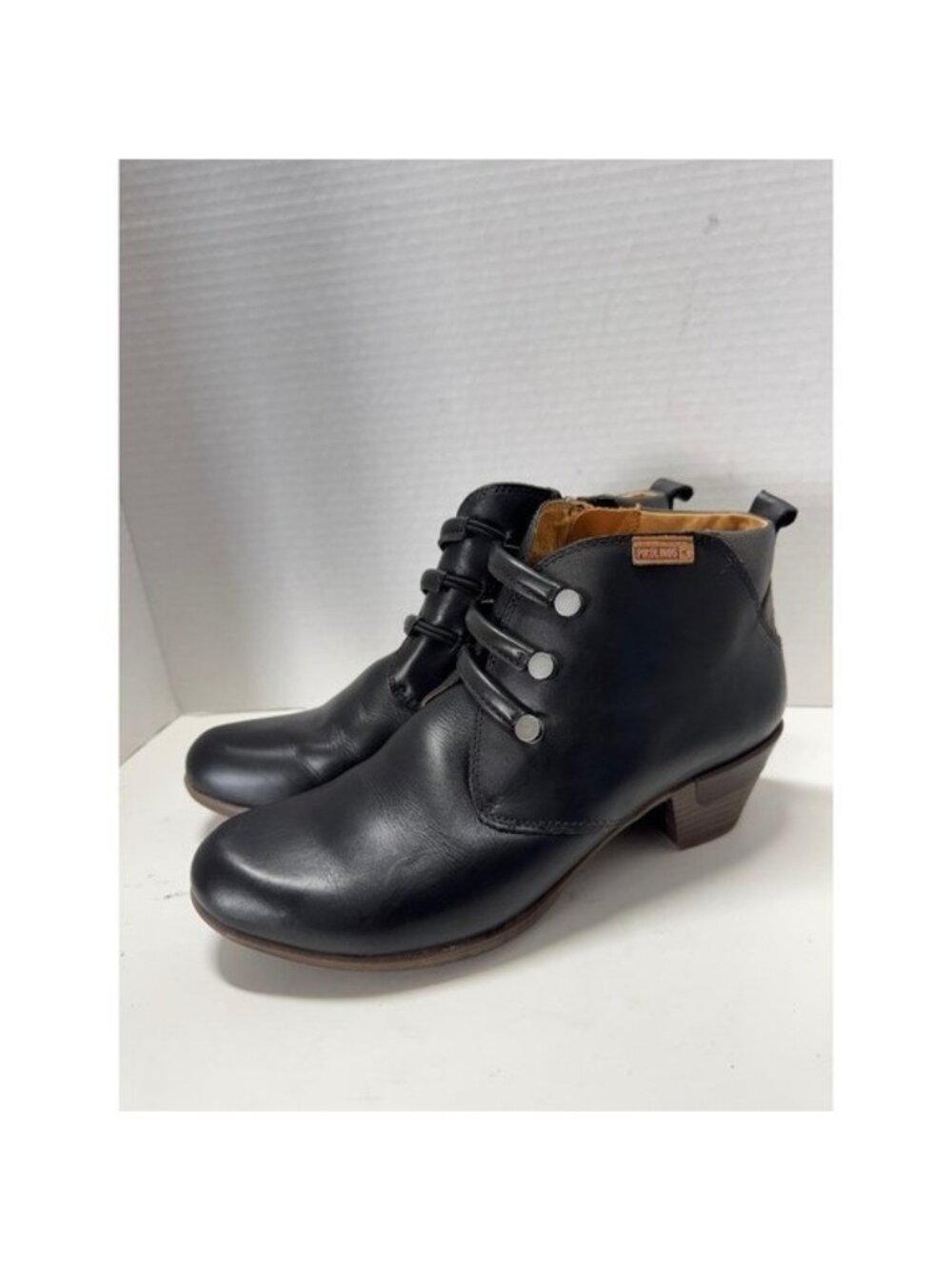 Pikolinos Black Leather Ankle Boots Side Zip Block Heel Booties Size 39 8.5